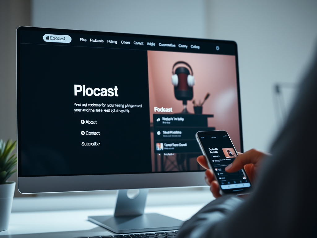 A person using a smartphone to navigate a podcast website called 'Plocast' displayed on a computer screen, featuring sections for episodes, contact, and subscription.