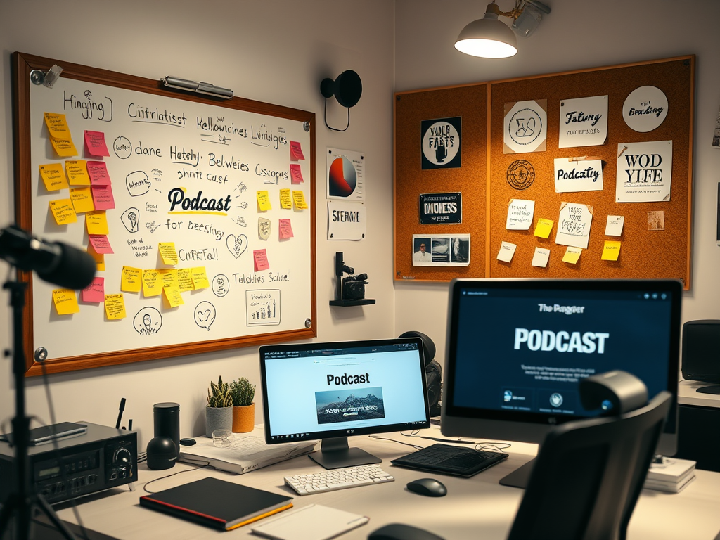 A workspace featuring a bulletin board filled with colorful sticky notes and ideas related to podcasting, alongside two computer monitors displaying a podcast website.