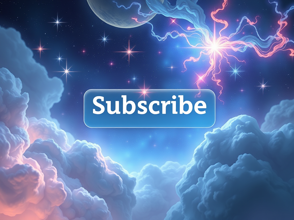 A colorful cosmic background featuring clouds and stars with a prominent 'Subscribe' button in the center.