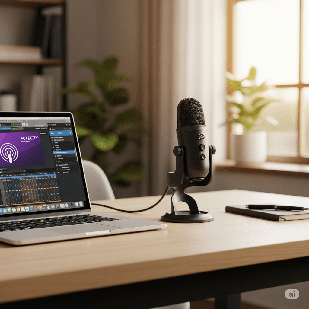 A modern podcasting setup featuring a USB microphone on a desk next to a laptop displaying audio editing software and a notebook with pens, set in a well-lit, cozy room.