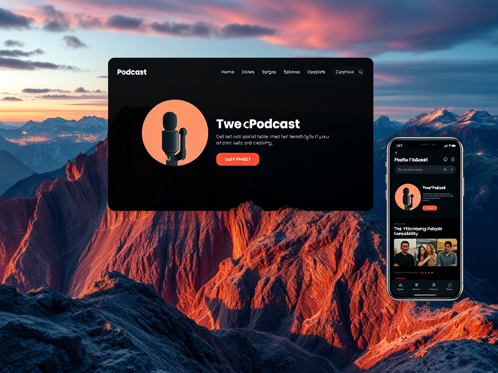 A podcast website interface showcasing a microphone graphic and navigation menu against a backdrop of mountains during sunset.