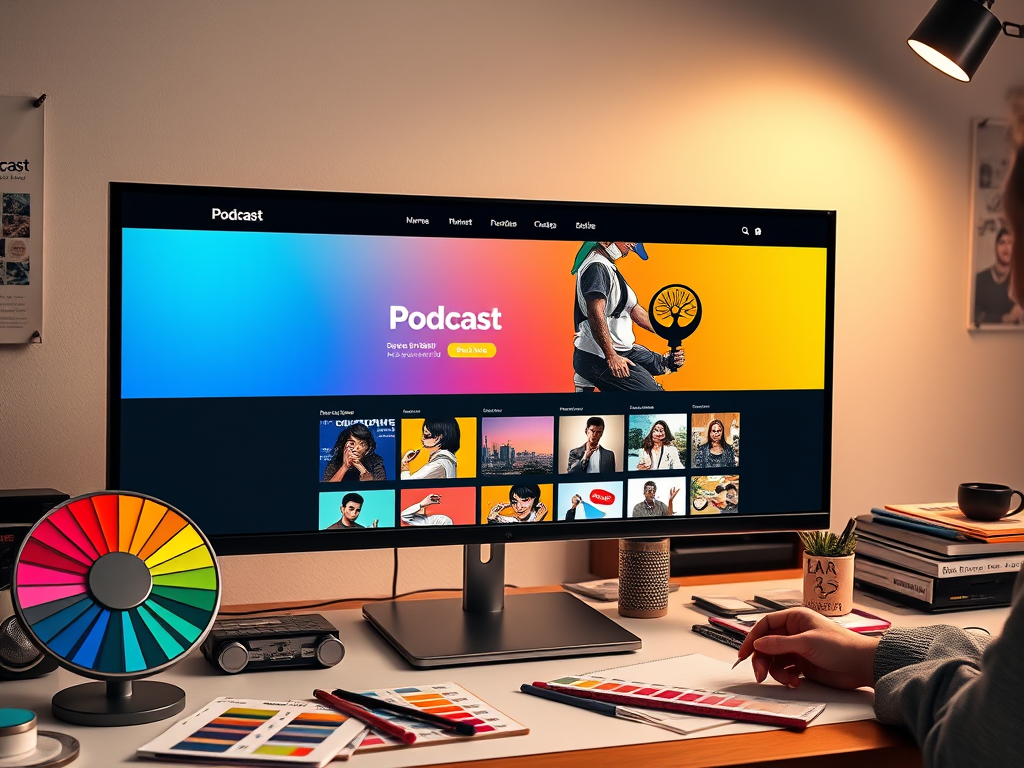A colorful podcast website displayed on a desktop monitor, featuring a variety of episode thumbnails, with a color wheel and design materials on the desk.